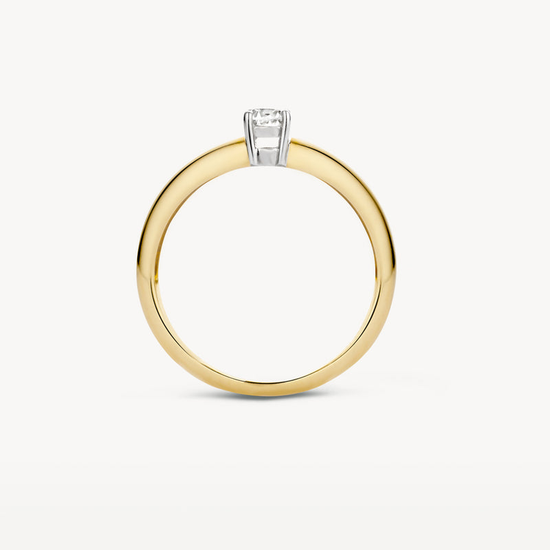 Bicolor ring met 14k geel en wit goud en zirkonia solitair, slanke band.