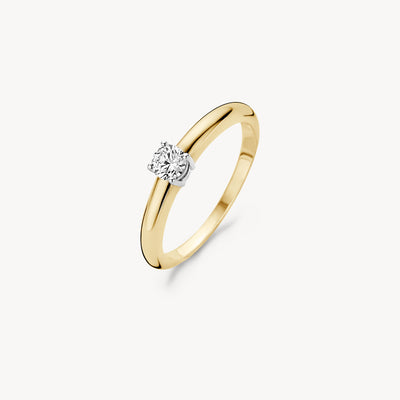 14k geel goud solitair ring met ronde zirkonia en glanzende afwerking.