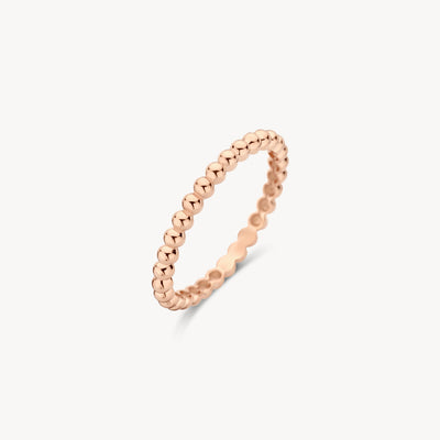 14k rosé goud ring met bolvormige schakels en gladde afwerking.