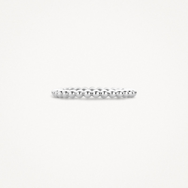 Dunne ronde aanschuifring van 14k wit goud met bolvormige details.