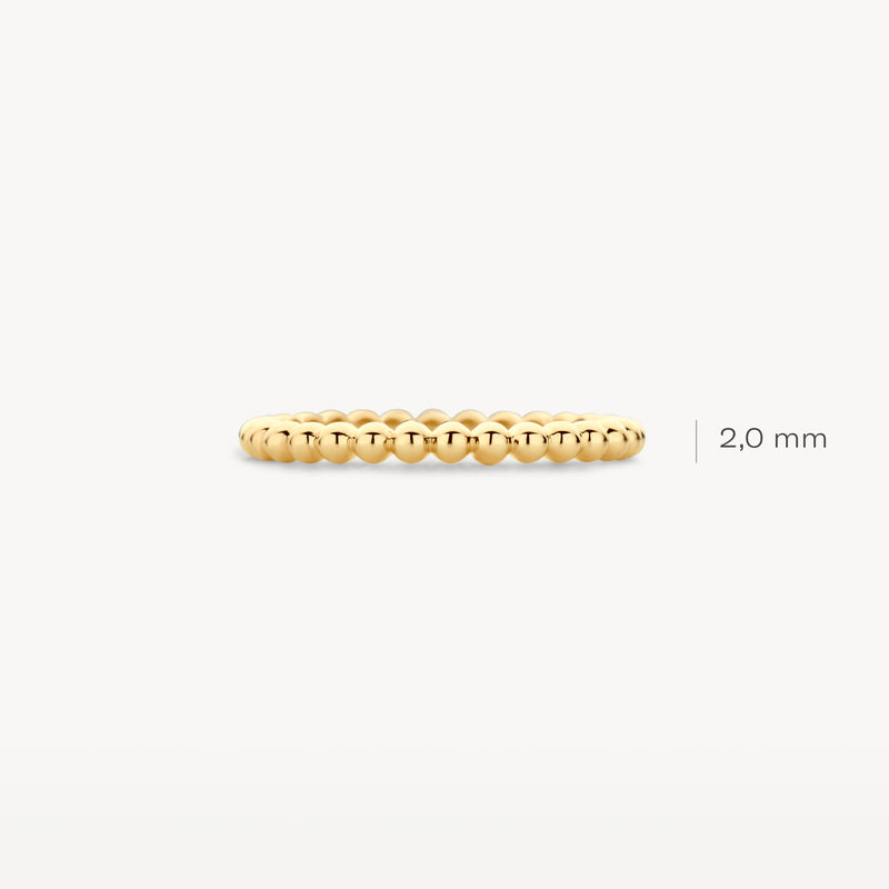 Dunne aanschuifring van 14k geelgoud met bolletjespatroon, 2 mm breed.