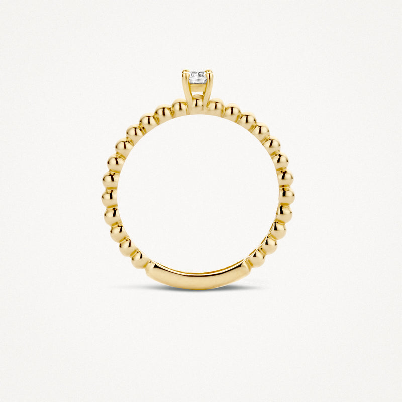 14k geelgouden solitair ring met ronde zirkonia en bolletjesrand.