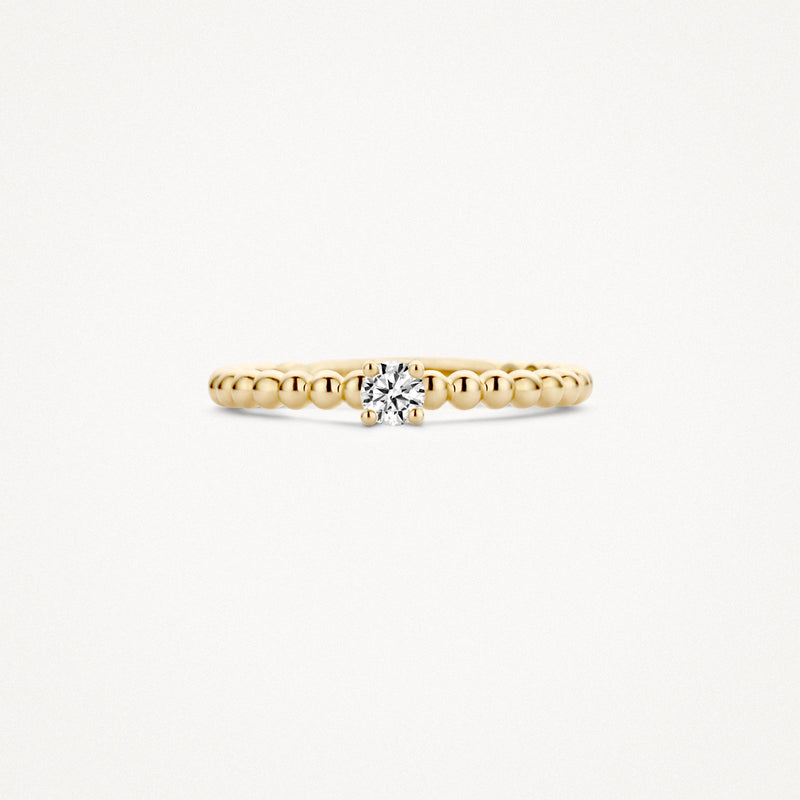 14k geelgouden ring met bolletjesband en solitaire zirkonia in het midden.