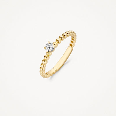14k goud aanschuifring met bewerkte band en solitaire zirkonia.