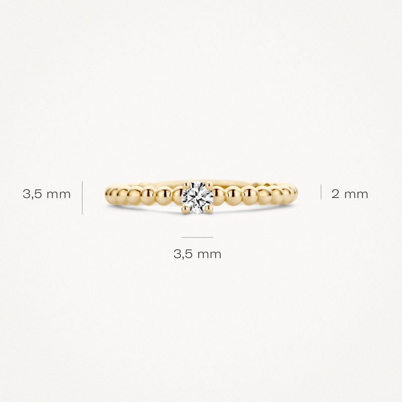 14k geelgouden solitair ring met zirkonia en bolletjesband, 3,5 mm breed.