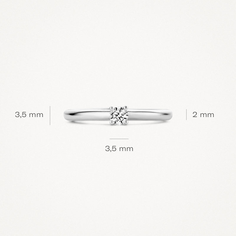 14k witgouden solitair ring met zirkonia, band 2 mm breed, steen 3,5 mm groot.