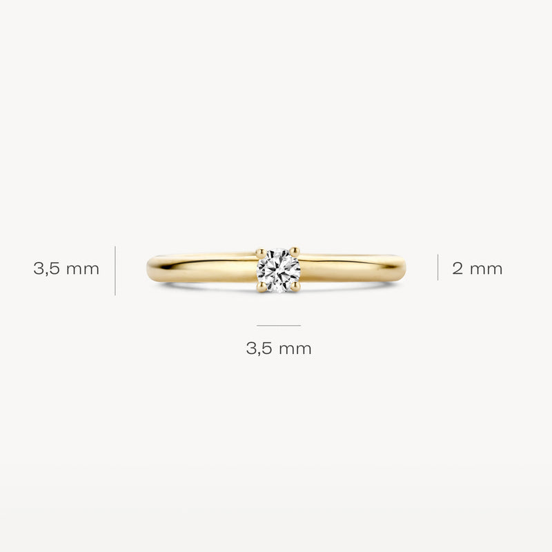 14k geelgouden solitair ring met zirkonia en een smalle band van 2 mm.
