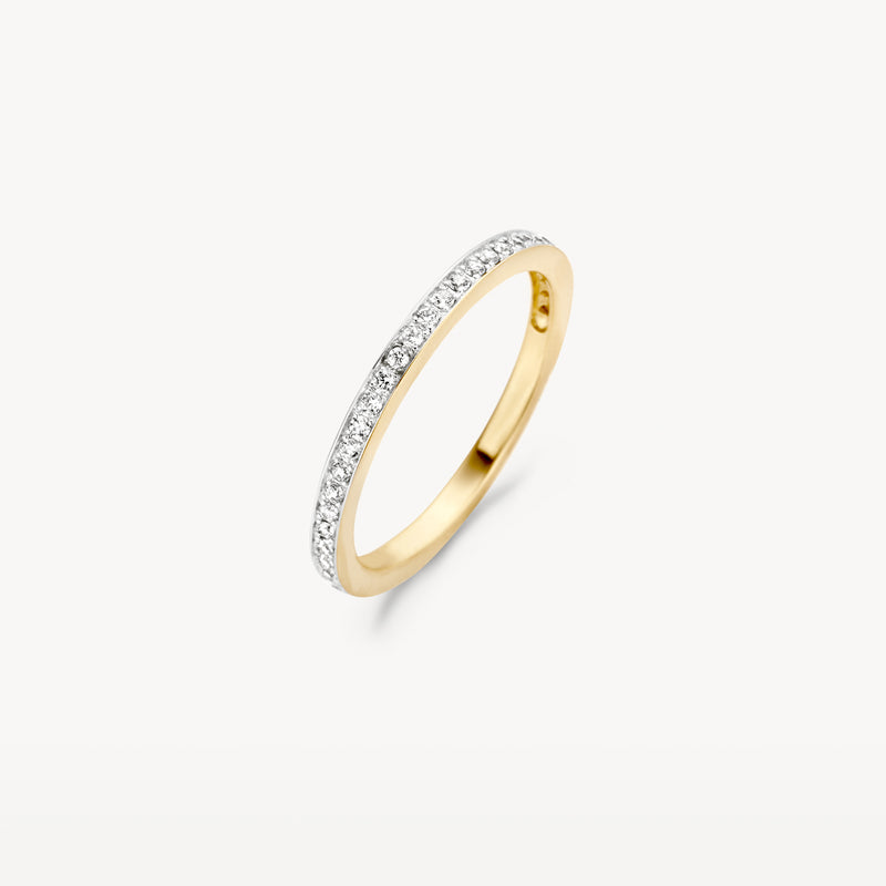 Bicolor ring met 14k geel en wit goud en zirkonia, smal ontwerp.