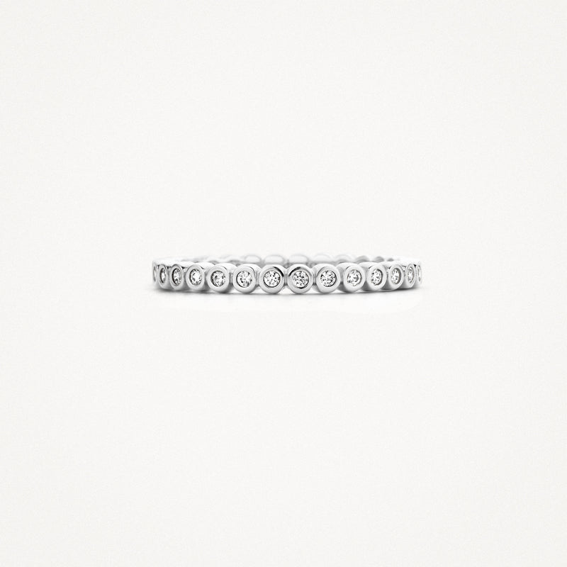 14k witgouden aanschuifring met ronde zirkonia's in cirkelzetting.