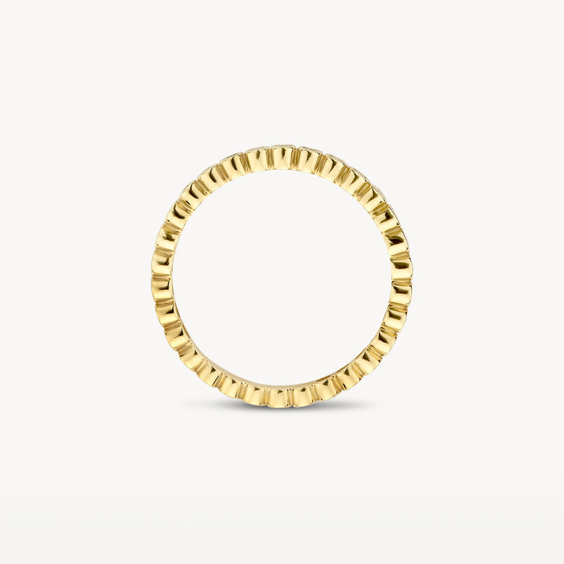 Ring 1120YZI van 14k geel goud met geribbelde structuur en zirkonia details.