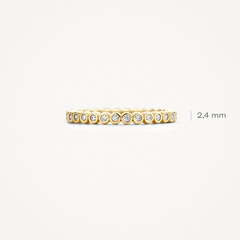 14k geelgouden ring met kleine zirkonia rondom, 2,4 mm breed.