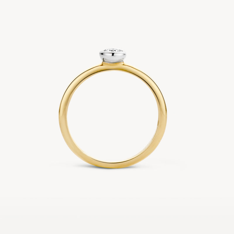 14k geel goud ring met bicolor zirkonia zetting en fijne band.