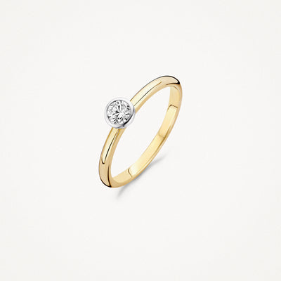 Bicolor ring met 14k geel goud en 14k wit goud, gezet met zirkonia bovenop.