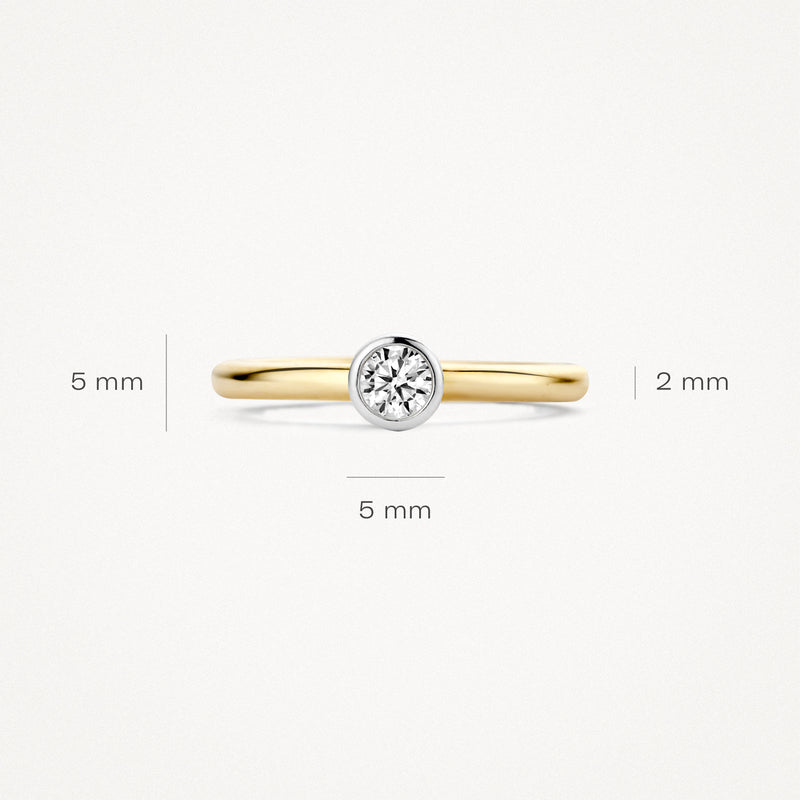 Smalle 14k geelgouden ring met 5 mm zirkonia en 2 mm band.