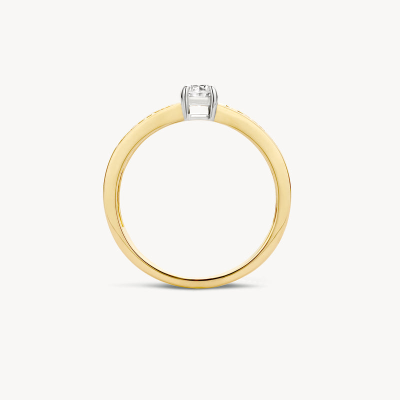 Bicolor ring met 14k geel goud band en 14k wit goud zetting met zirkonia.
