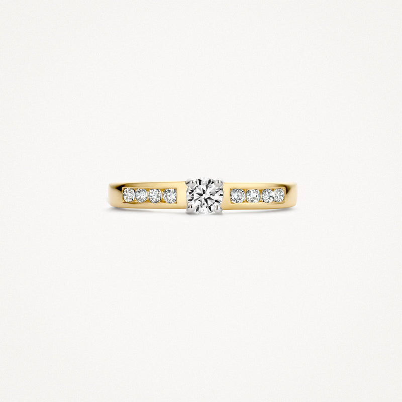 Bicolor ring met 14k geel goud en wit goud, centrale zirkonia en kleine zijstenen.