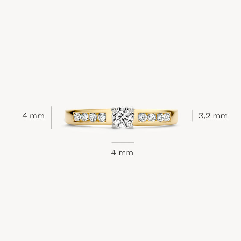 14k geelgouden ring met 14k witgouden zetting en zirkonia's, 4 mm breedte.