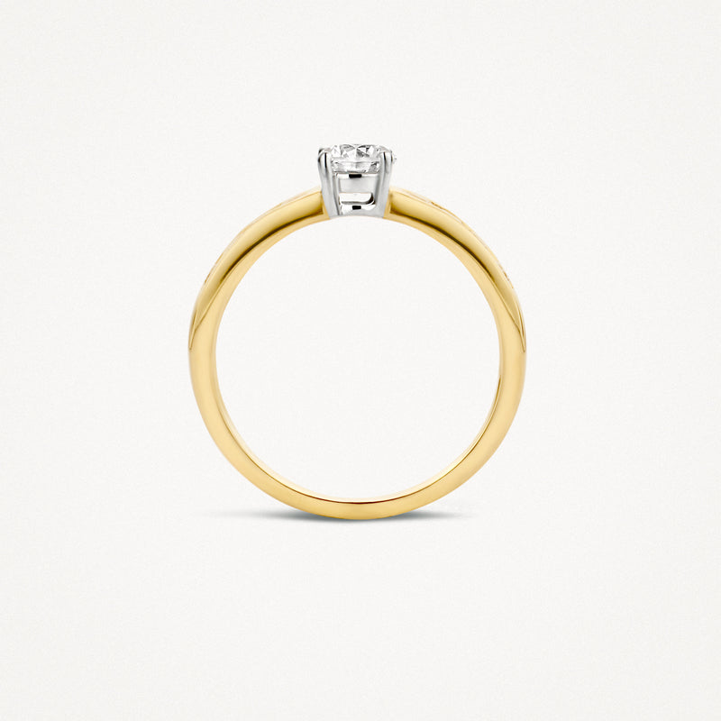 Ring met 14k geelgouden band en witgouden zetting met zirkonia, bicolor goud.
