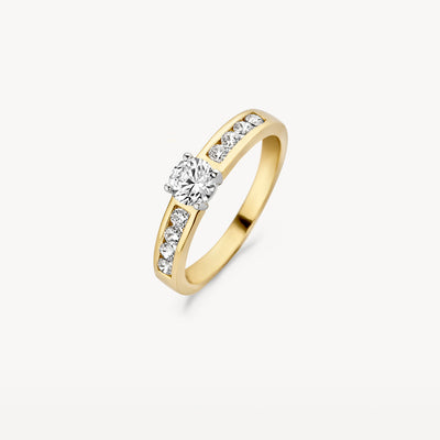 Bicolor ring met 14k geel en wit goud, centrale zirkonia en zijkanten met kleine zirkonia's.