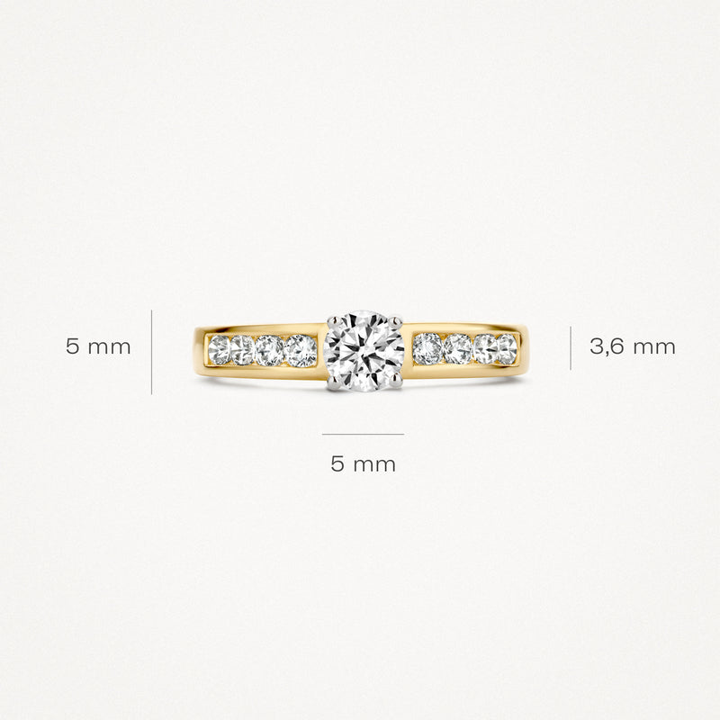 Bicolor ring van 14k goud en wit goud met ronde zirkonia en glanzende details.