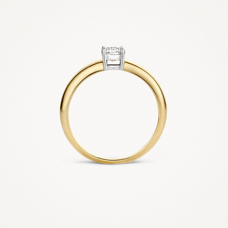 Bicolor ring van 14k geel en wit goud met solitaire zirkonia in vierkante zetting.