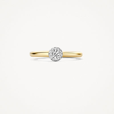 Bicolor ring met smalle band van 14k geel goud en zirkonia in witgouden zetting.