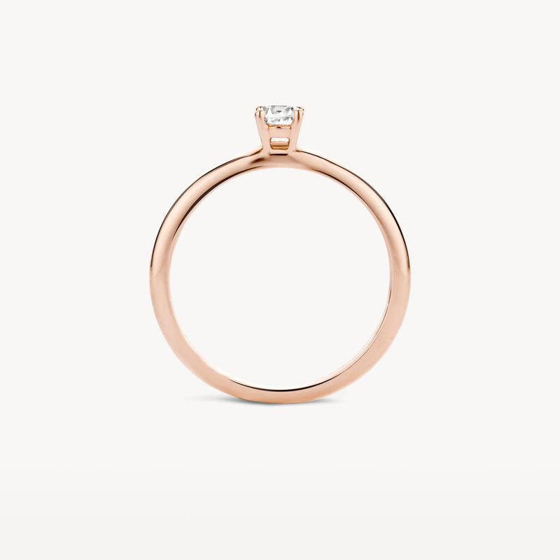 14k Rosé goud solitair ring met ronde zirkonia en gladde band.