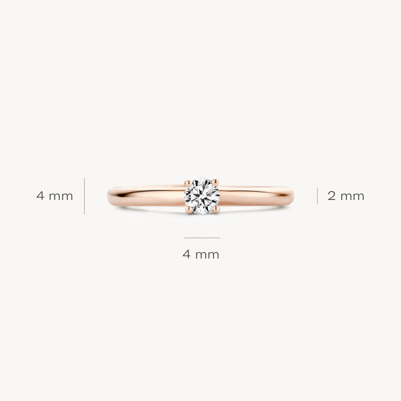 14 Rosé goud ring met solitaire zirkonia, 4 mm brede band en 4 mm steen.
