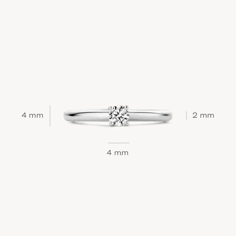 14k witgouden solitairring met fonkelende zirkonia, 2 mm band, 4 mm steen.