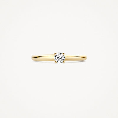 14k geel goud solitair ring met ronde zirkonia steen in het midden.