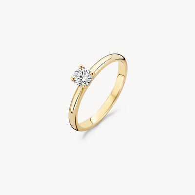 Ring van 14k geel goud met ronde zirkonia in klassieke zetting.