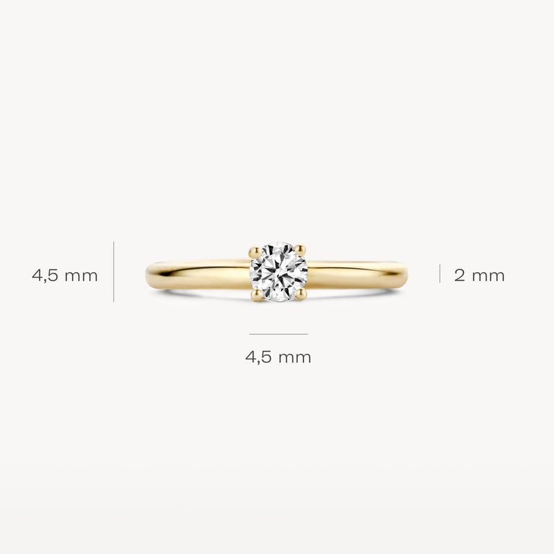 14k geelgouden ring met fonkelende zirkonia en smalle band van 2 mm  .