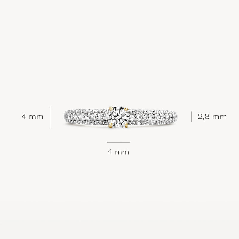 14k witgouden ring met centrale zirkonia en dubbele rij kleine zirkonia's, 4 mm breed.