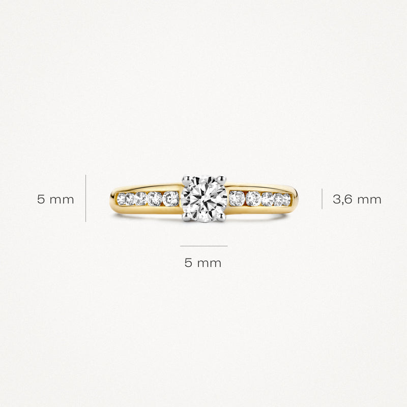 Bicolor ring met 14k geel goud en 14k wit goud, centrale zirkonia en zijstenen, 5 mm breedte.