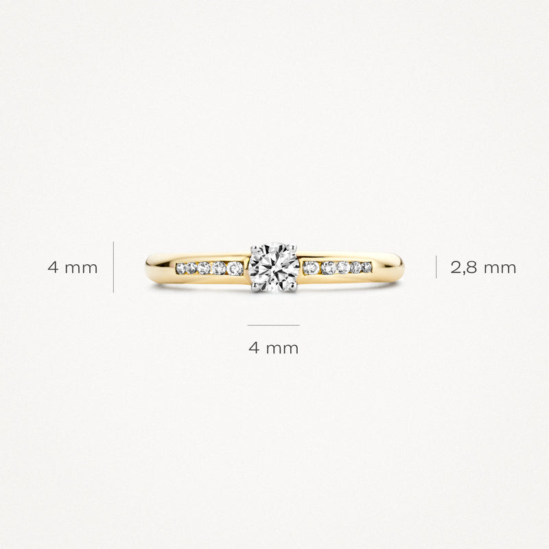 Ring met 14k geel goud en witgouden zetting, centrale zirkonia en zijdelingse steentjes.