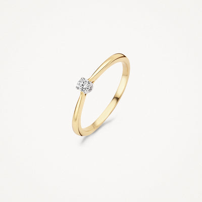 14k geel goud ring met solitaire zirkonia steen en smalle band.