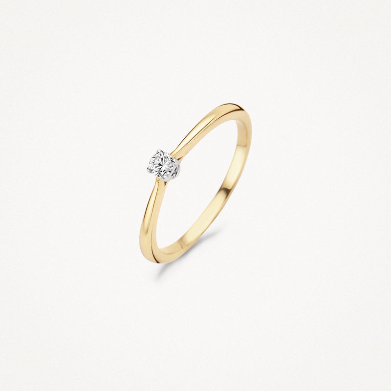 14k geel goud ring met solitaire zirkonia steen en smalle band.