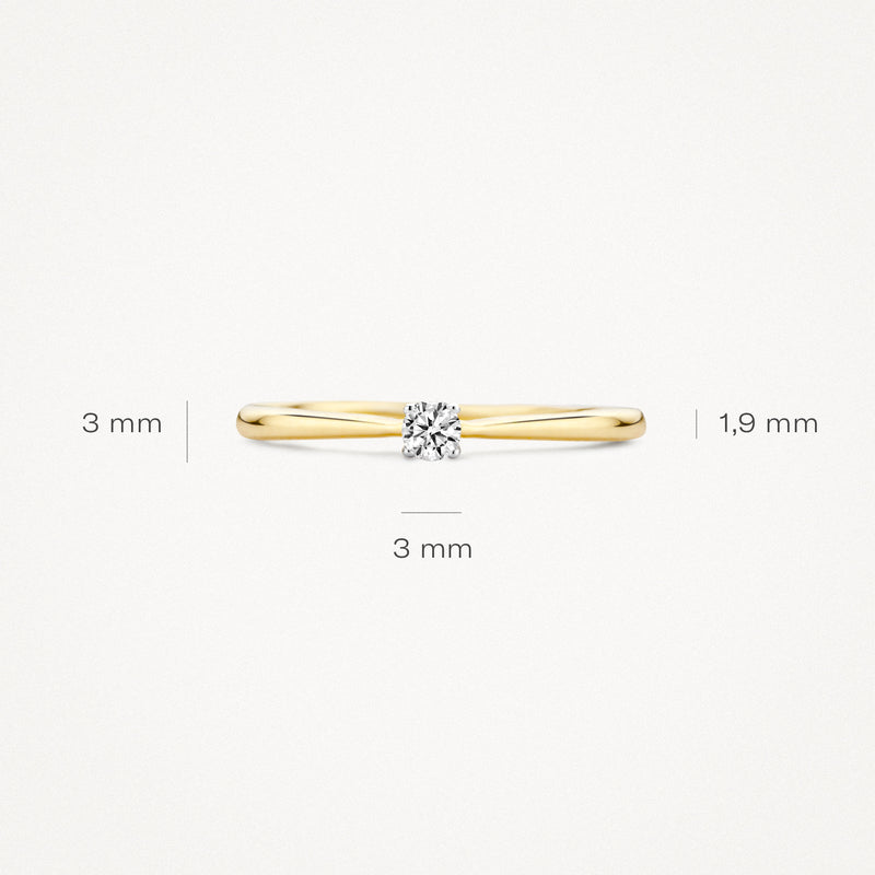 Ring van 14k geel goud met solitair zirkonia, smalle band van 1,9 mm breedte.