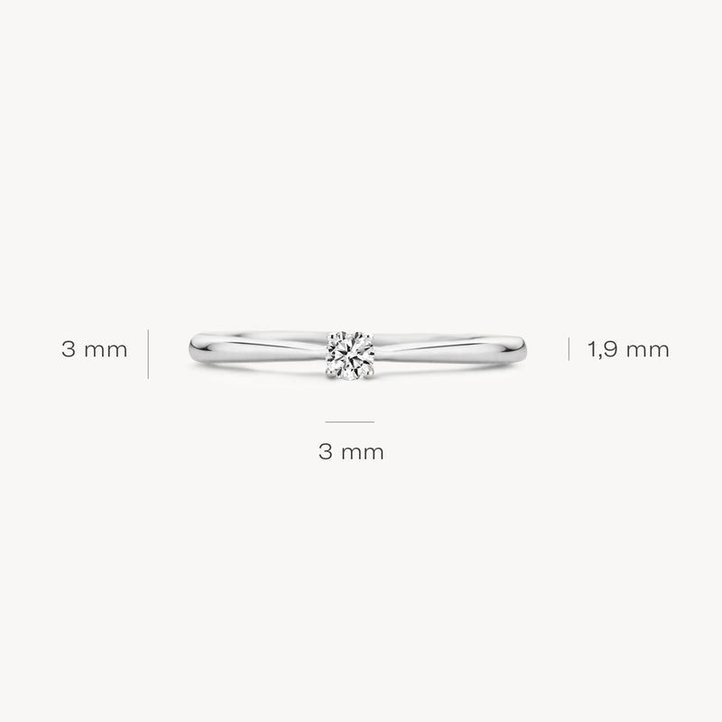 Slanke ring van 14k wit goud met zirkonia en fijne band van 1,9 mm breedte.