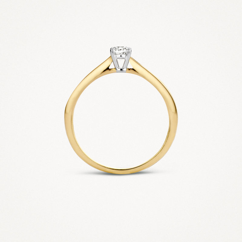 14k geel goud ring met solitaire zirkonia en 14k wit goud zetting.