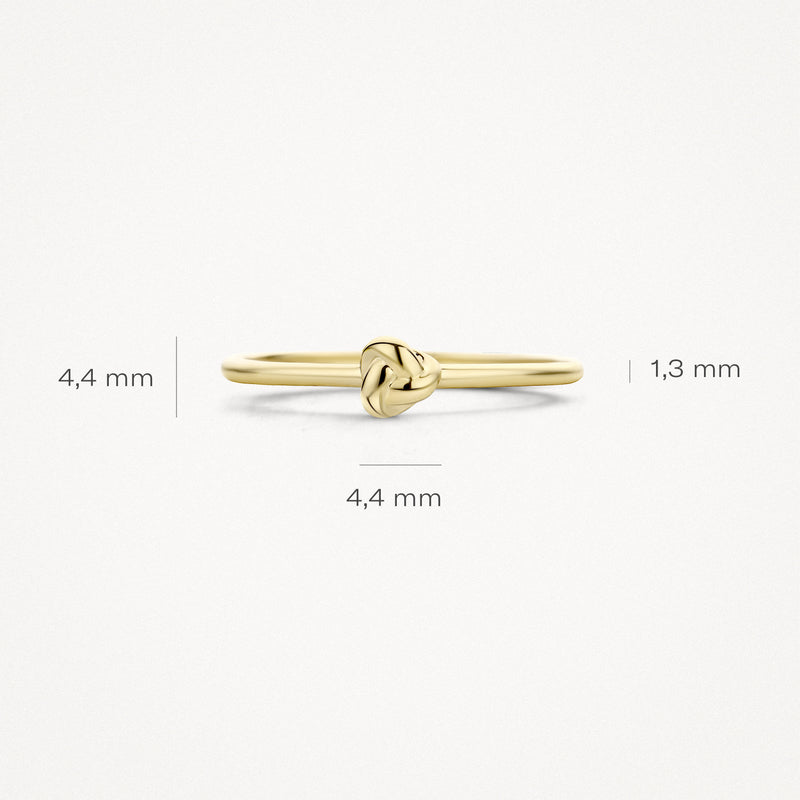 14k geelgouden aanschuifring met klein knoopdetail, 4,4 mm breed, 1,3 mm dik.