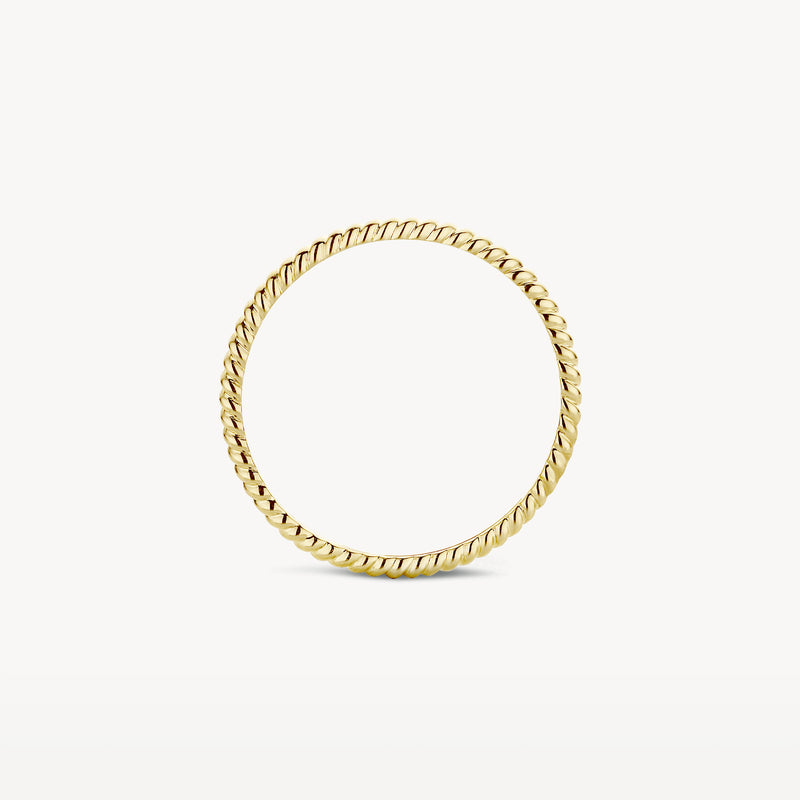 14k geelgouden aanschuifring met gedraaide textuur, smal ontwerp.