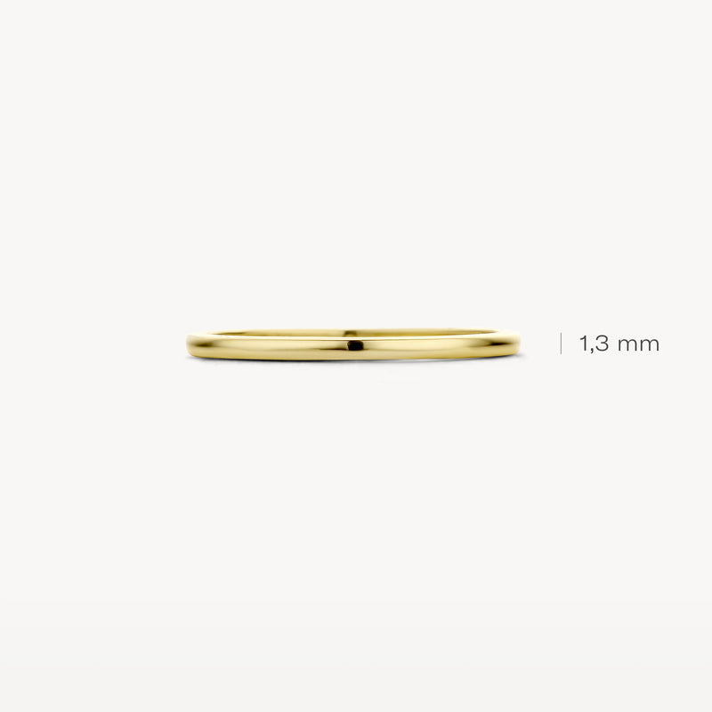 Dunne aanschuifring van 14k geelgoud, 1,3 mm breedte, minimalistisch design.