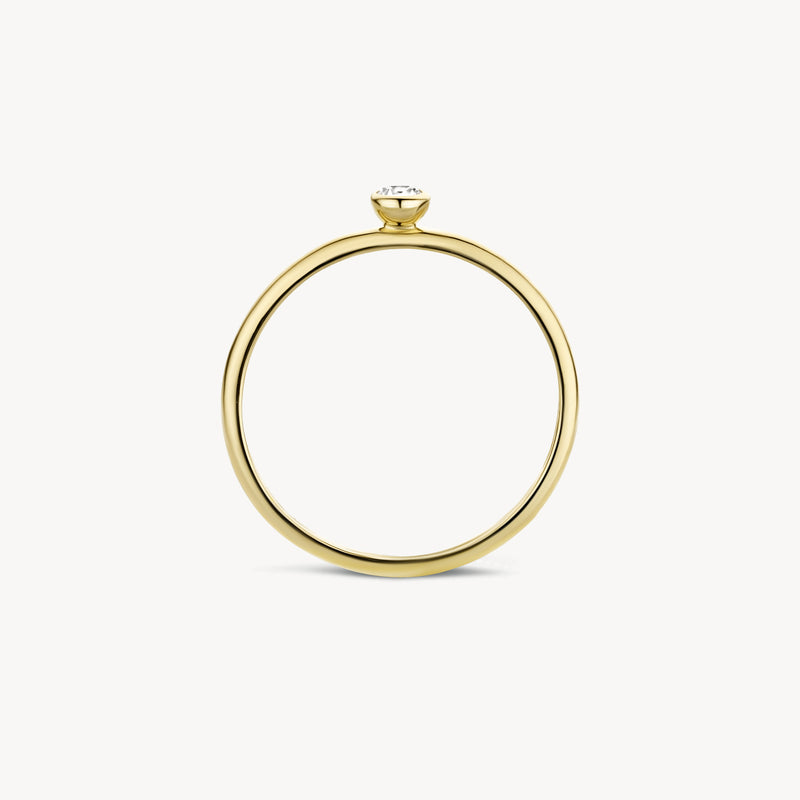 Smalle ring van 14k geel goud met een ronde zirkonia bovenop, model 1198YZI.