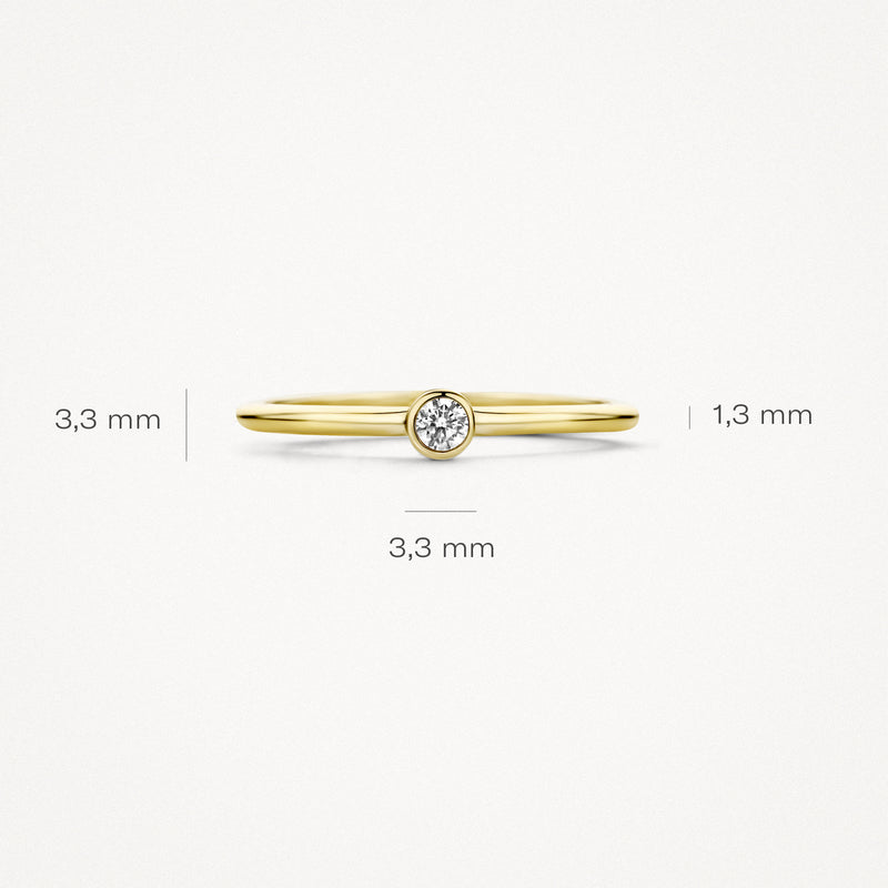 Dunne 14k Goud ring met kleine ronde diamant en fijne band van 1,3 mm breedte.