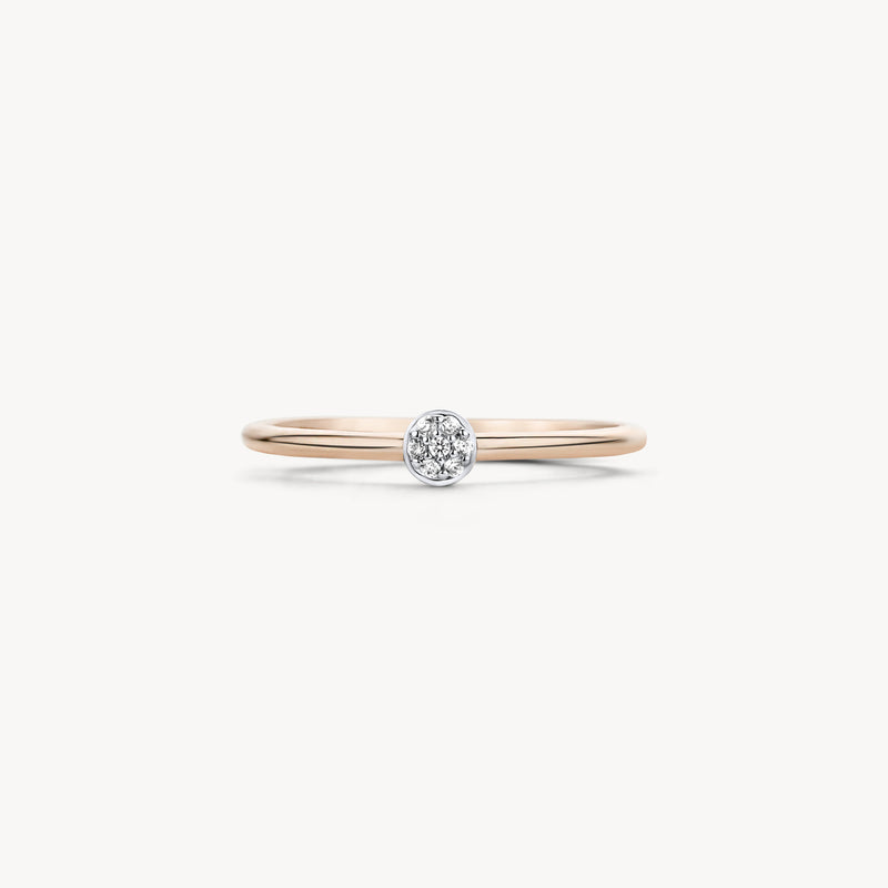 Smalle ring van 14k roségoud met briljant geslepen diamant in bicolor goud zetting.