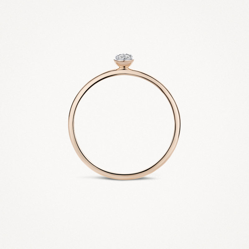 Dunne 14k rosé gouden ring met solitaire zetting en diamanten bovenkant.