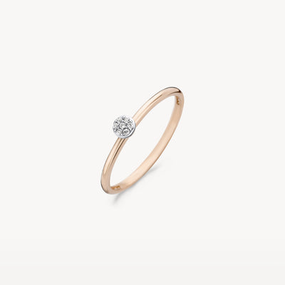 14k roségouden ring met kleine witte gouden zetting en briljantsteen.