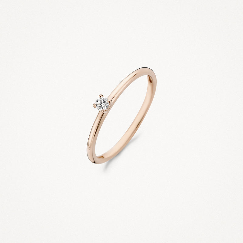 14k roségouden ring met kleine solitaire diamant en slanke band.