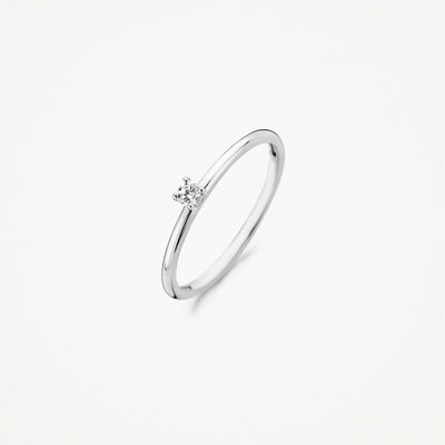 Dunne 14k witgouden aanschuifring met solitaire diamant en fijne glans.